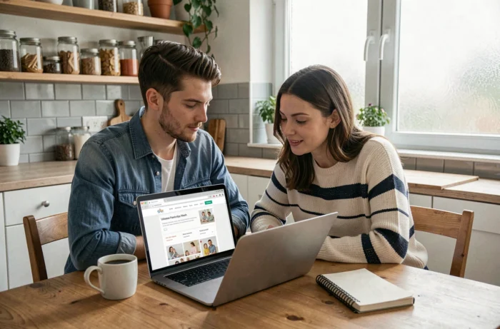 Jeunes parents consultant des ressources de parentalité sur un ordinateur portable dans leur cuisine