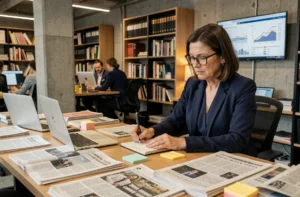 Journaliste experte analysant les grands enjeux de société dans une salle de rédaction moderne