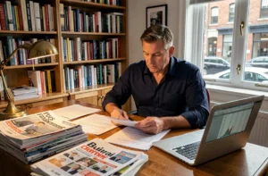 Journaliste spécialisé en grande distribution travaillant dans son bureau avec des magazines et documents professionnels