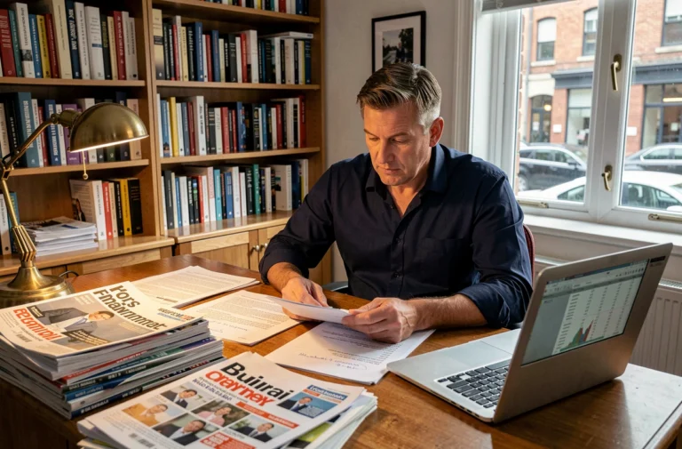 Journaliste spécialisé en grande distribution travaillant dans son bureau avec des magazines et documents professionnels