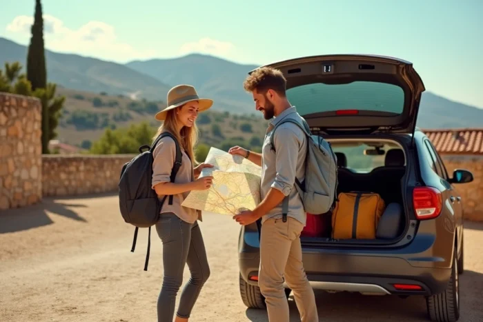 Deux voyageurs consultant une carte routière près d'une voiture de location dans un village méditerranéen ensoleillé