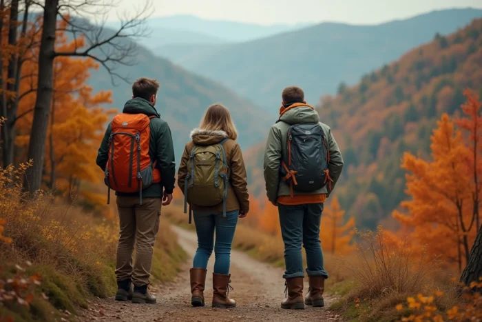 Couple en randonnée pédestre sur un sentier forestier en automne avec vue panoramique sur la vallée