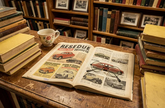 Magazine automobile vintage des années 1960 avec le mot Titine écrit à la main, posé dans une librairie ancienne française