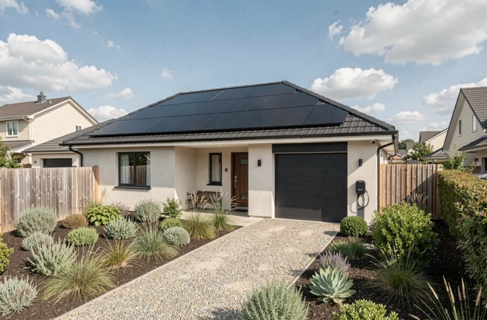 Maison individuelle écologique avec panneaux solaires en milieu périurbain illustrant l'immobilier durable