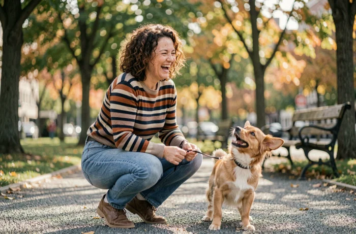 Maman active et souriante dans un parc urbain en automne, promenant son chien dans une ambiance détendue et naturelle