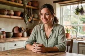 Maman souriante tenant une tasse de café dans une cuisine rustique chaleureuse, illustrant les petits plaisirs du quotidien