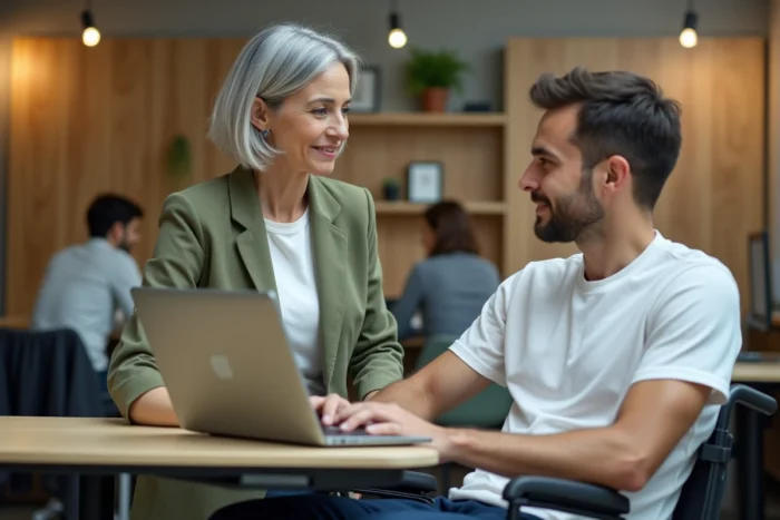 Manageure adoptant une posture inclusive face à un collaborateur en situation de handicap dans un espace de coworking