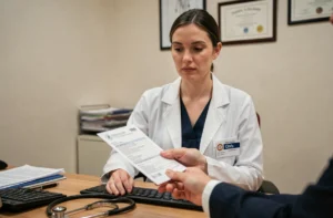 Médecin généraliste remettant une ordonnance de prise de sang à un patient dans un cabinet médical