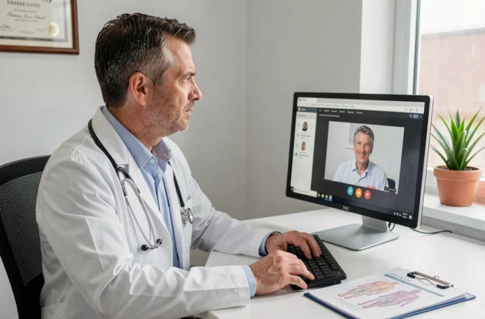 Médecin généraliste réalisant une consultation médicale en ligne depuis son cabinet
