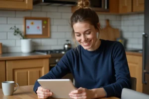 Mère de famille cherchant des bons plans et services en ligne sur une tablette dans sa cuisine