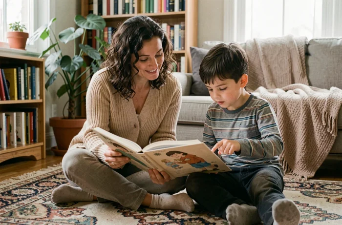 Mère et fils lisant ensemble un livre illustré dans un salon familial, moment de partage favorisant l'épanouissement et la curiosité de l'enfant
