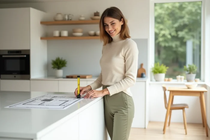 Femme mesurant la hauteur d'un plan snack blanc dans une cuisine scandinave lumineuse, avec mètre ruban et plan d'aménagement posé sur le comptoir