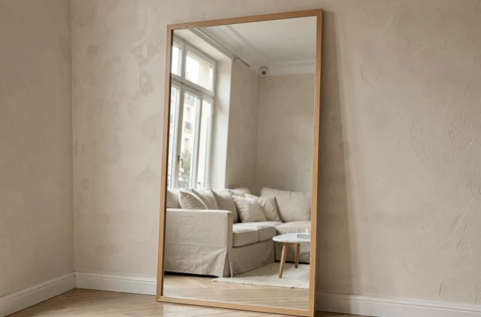Grand miroir positionné face à une fenêtre pour réfléchir la lumière naturelle dans un salon