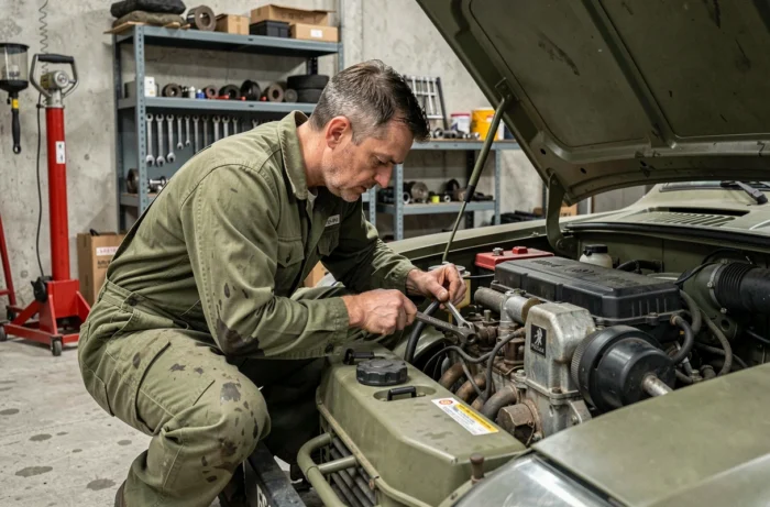 Mechanic making engine modifications on a Peugeot P4 in a military garage