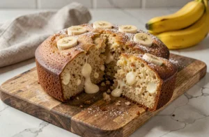 Moelleux à la banane et chocolat blanc tranché sur une planche en bois rustique, révélant un cœur tendre et fondant avec des éclats de chocolat blanc