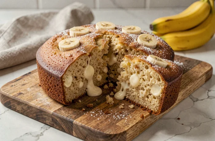 Moelleux à la banane et chocolat blanc tranché sur une planche en bois rustique, révélant un cœur tendre et fondant avec des éclats de chocolat blanc