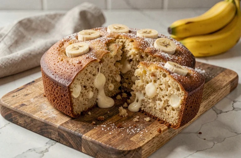 Moelleux à la banane et chocolat blanc tranché sur une planche en bois rustique, révélant un cœur tendre et fondant avec des éclats de chocolat blanc