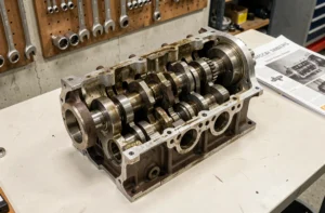 Moteur en X démonté sur un établi d'atelier automobile révélant pistons et vilebrequin avec précision mécanique