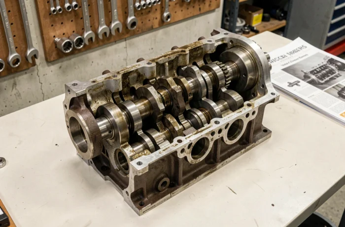 Moteur en X démonté sur un établi d'atelier automobile révélant pistons et vilebrequin avec précision mécanique