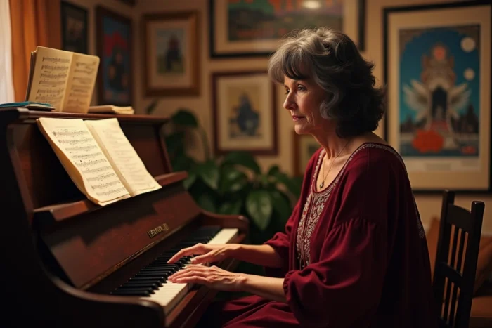 Femme musicienne assise devant un piano dans un studio de musique vintage décoré d'affiches de concerts des années 80