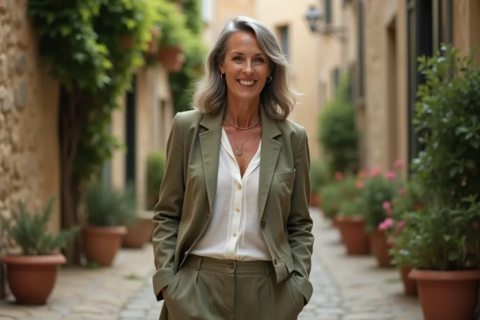 Femme artiste iconique se promenant dans une rue pavée d'un village du sud de la France, ambiance éditoriale naturelle
