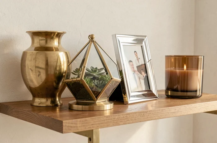 Objets décoratifs en laiton, verre et surfaces métalliques disposés sur une étagère pour réfléchir la lumière