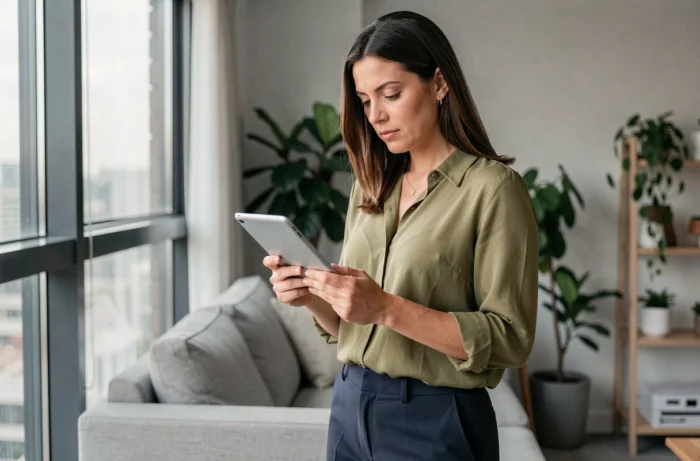Femme analysant attentivement un profil Facebook classique sur sa tablette pour détecter des changements de comportement