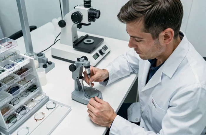 Opticien mesurant l'épaisseur d'un verre ophtalmique avec un instrument de précision en laboratoire
