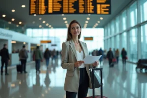 Femme consultant son itinéraire de voyage dans un aéroport international animé avec panneau de départs en arrière-plan