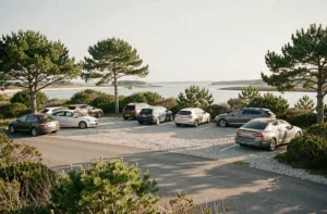 Parking près de la plage de Conleau à Vannes avec vue sur le golfe du Morbihan