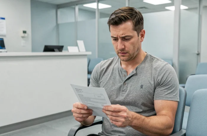Patient consulting a blood test prescription in the waiting room of a medical laboratory