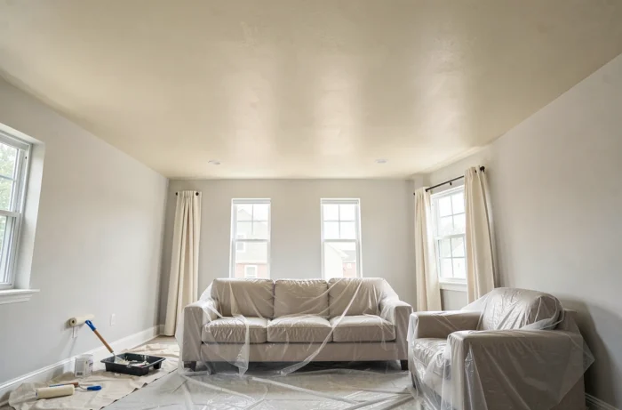 Plafond peint en blanc cassé avec finition satinée pour réfléchir la lumière naturelle dans une pièce
