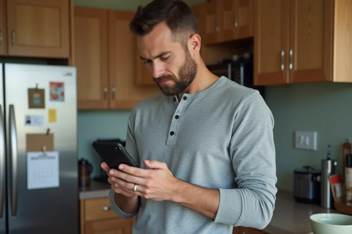 Père de famille utilisant une application mobile pour trouver des services et astuces pour la famille