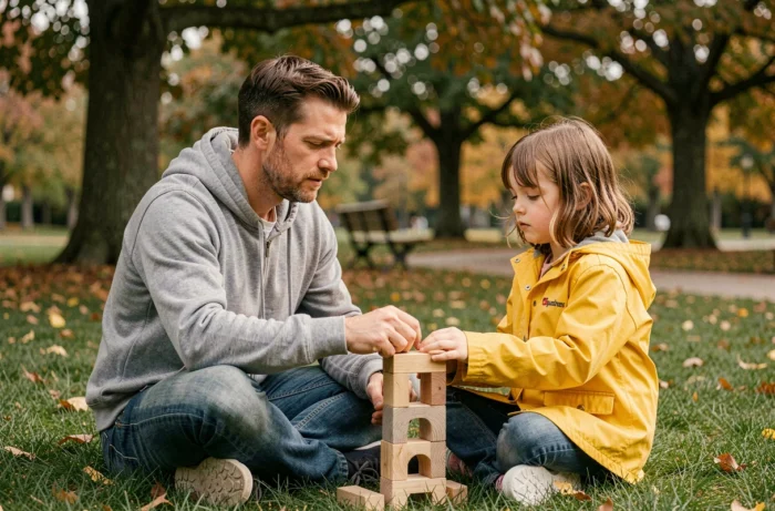 Père et fille jouant ensemble dans un parc en automne, construisant une tour en bois pour favoriser l'épanouissement de l'enfant