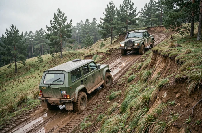 Two military Peugeot P4s in action on a muddy, rugged terrain during an off-road performance test