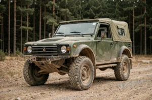 Peugeot P4 militaire tout-terrain avec suspension surélevée et pneus renforcés sur terrain de gravier forestier