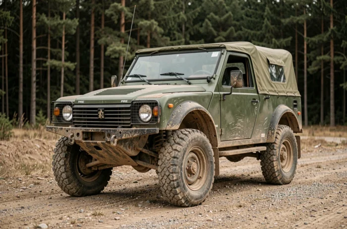 Peugeot P4 militaire tout-terrain avec suspension surélevée et pneus renforcés sur terrain de gravier forestier