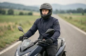 Pilote en équipement complet sur un Yamaha Xmax 125 sur une route de campagne, vue 3/4 avant