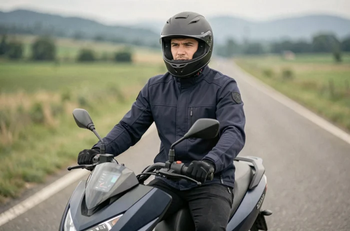 Pilote en équipement complet sur un Yamaha Xmax 125 sur une route de campagne, vue 3/4 avant