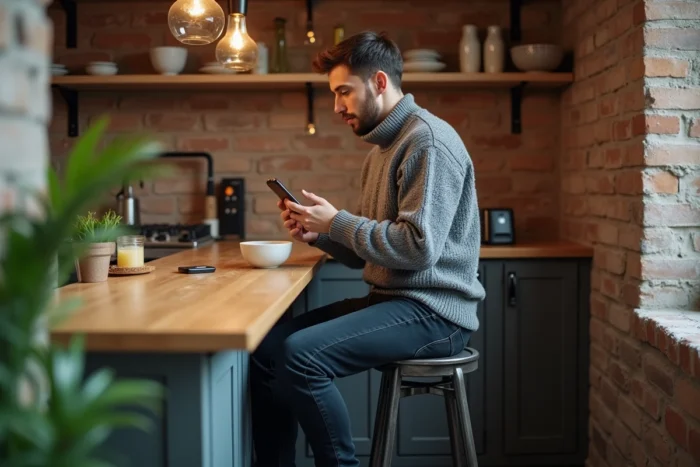 Personne assise sur un tabouret haut devant un plan snack en bois dans une cuisine urbaine de style loft, montrant la hauteur ergonomique du comptoir