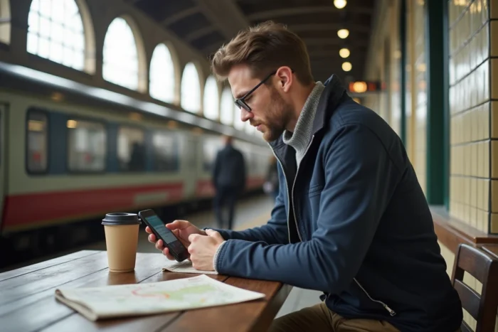 Homme planifiant ses transports en train depuis une application mobile dans un café de gare européenne