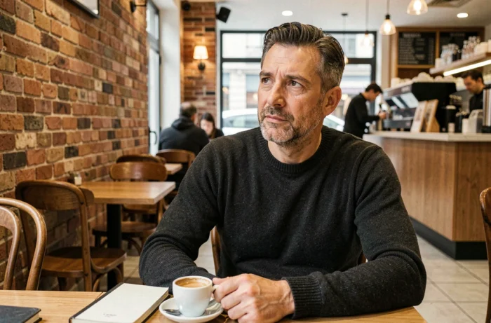 Portrait intimiste d'un journaliste français réfléchi lors d'une interview dans un café parisien
