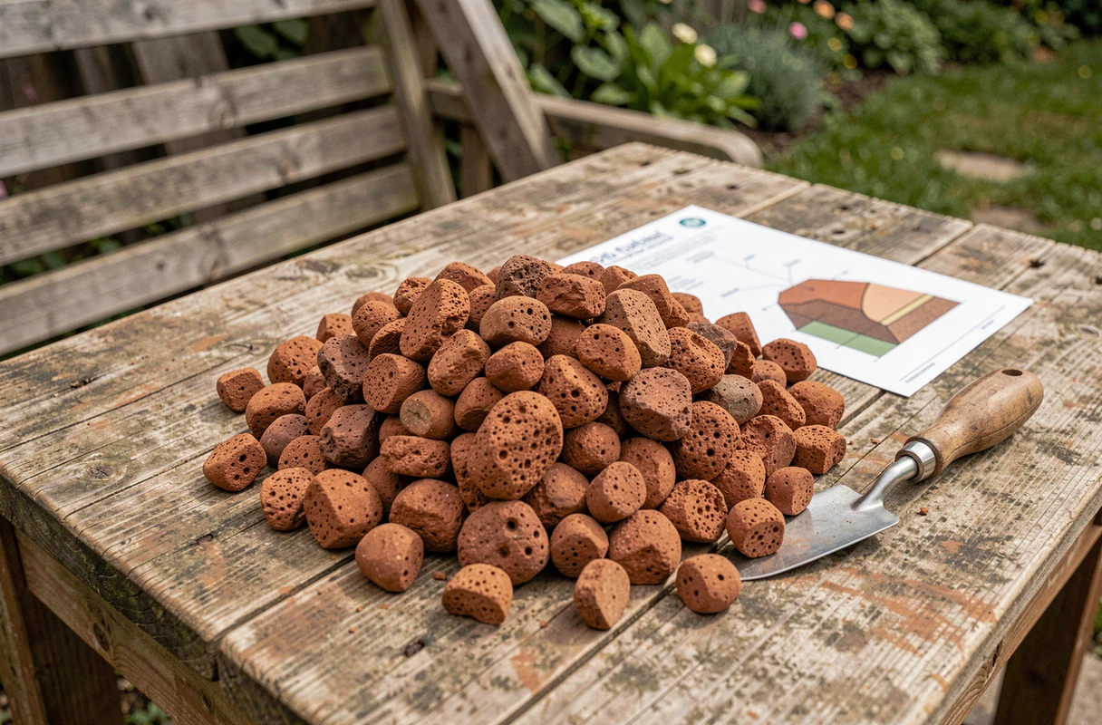Gros plan sur des granules de pouzzolane volcanique rouge posées sur un établi en bois pour une utilisation en assainissement