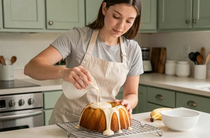 Jeune femme versant un glaçage au chocolat blanc sur un gâteau à la banane moelleux dans une cuisine lumineuse