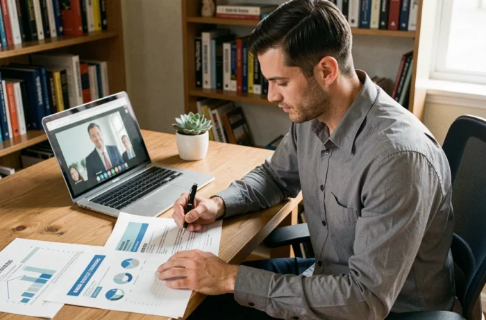 Future sales trainer preparing a training program at their desk with teaching materials and a laptop