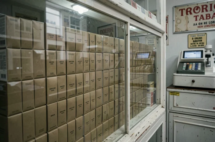 Présentoir de paquets de cigarettes en emballage neutre standardisé dans un bureau de tabac parisien