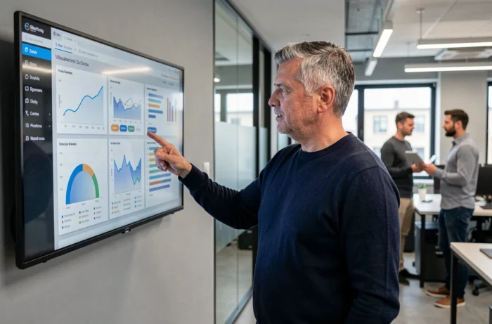 Professionnel de l'informatique présentant des tableaux de bord numériques dans un open space technologique moderne