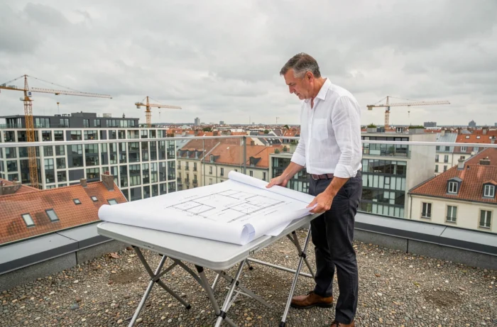 Vastgoedontwikkelaar die architectonische plannen bekijkt op het dak van een nieuw gebouw in Frankrijk
