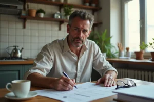 Propriétaire inquiet examinant un contrat de location non déclaré à sa table de cuisine