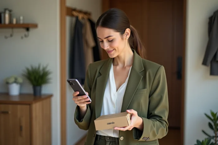 Femme recevant une commande Zalando et vérifiant son plan de paiement en plusieurs fois sur son téléphone